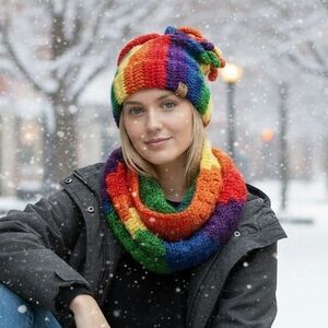 🌈 Handmade Rainbow Crocheted Beanie and Coordinated Scarf 🌈